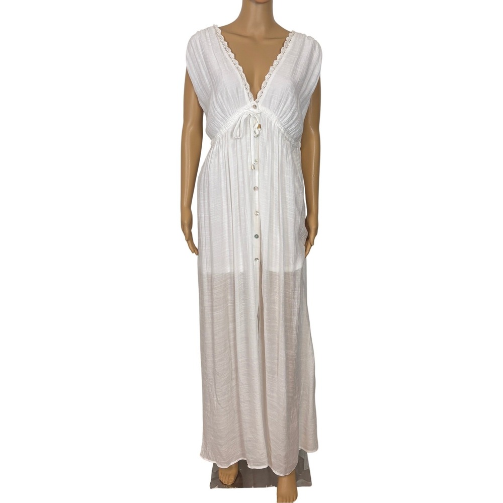 Aakaa Boho Maxi Dress Women Medium Off White Lace Trim Beach Resort Summer